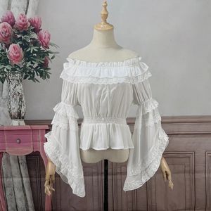 Victorian Vintage Lolita Shirts Women Kawaii Lace Ruffles O-Neck Flare Sleeve Chiffon Tops Girly Sweet Elegant Princess Blouses 240306