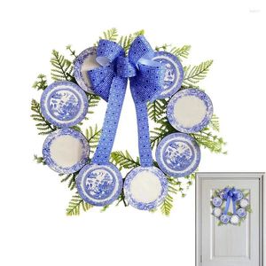 Decorative Flowers Blue Wreaths For Front Door Entry Welcome Wreath 15inch Winter And White Porcelain Plate Decoration