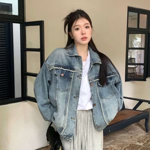 2024 frühjahr Neue Koreanische High Street Stil Casual Denim frauen Pelz Rand Alte Denim Mantel Lose Trendy