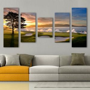 ArtSailing 5-teiliges Leinwandgemälde, Landschaft, Golf, Sonnenuntergang, Baum, Ozean, Malerei, HD-Bilder, Wandkunst, Heimdekoration für Wohnzimmer, Poster 2627