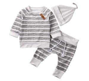 2018 Newborn Baby Boys Striped Gray Top Pants Hat 3Pcs Set Outfits Long Sleeve Brief Styles baby Boy Clothes 018M4369647