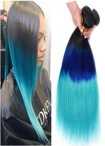 Tre toni 1BBlueTeal Ombre tessuto brasiliano dei capelli umani fasci 3 pezzi setosi capelli vergini diritti serici bundle offerte Ombre doppio We9569975