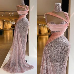 Formal Pink Mermaid Evening Dresses Sequines High Neck Pleats Prom Gown Custom Red Carpet Celebrity Dress