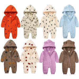 Baby Winter Fleece Romper Print Cotton Warm Outfit kläder för 024m Jumpsuit Born Toddler Bear Hoodies Bodysuit Costume 240307