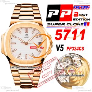 5711/1R CAL A324SC Automatic Mens Watch PPF V5 Rose Gold White Texture Dial Stick Markers Stainless Steel Bracelet Super Edition Reloj Hombre Puretimewatch PTPP