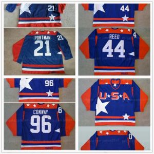 Retro Movie 2017th The Mighty Ducks D2 Team USA Hockey Jerseys Vintage Stitched 96 Charlie Conway 44 Fulton Reed 21 Dean Portman Jersey Blue White Embroidery