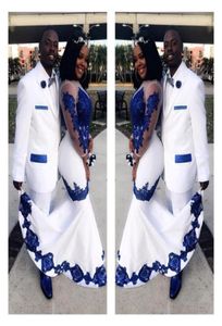 New White Satin Royal Blue Lace Aso Ebi African Prom Dresses Long Illusion Sleeves Applique Evening Formal Gowns Pageant Celebrity7931268