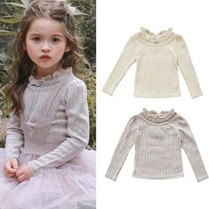 Korean Style Autumn Clothes for Girl Tshirts Long Sleeves Pink Beige Round Collar Cotton Lace Top Kid Clothing E713 240301