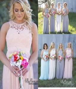 2019 New Country Style Günstige Brautjungfernkleider Grau Blau Rosa Elfenbein Spitzenoberteil Hohe Taille Umstands-Chiffon Langes Sommer-Strandkleid2369363