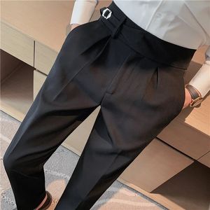 British Style Men Business Casual Dress Pants Men Belt Design Slim Trousers Formal Office Social Wedding Party Dress Suit Pant 240308