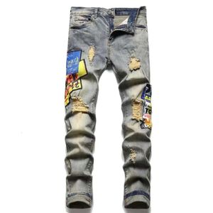 Jeans herr designer lila kvinnor amirs smala fit denim brev tryck byxor mode lyxiga semester utomhus streetwear kläder stora storlek byxor 427