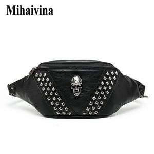 Mihaivina Punk Rivet Skull Men Men Waist Bag women Black Fanny Pack Leather Chesce Bags女性肩のメッセンジャーバム240308