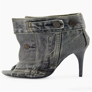 2023 mulheres senhoras sandálias de couro genuíno salto alto verão quadrado peep toed botão botas casamento denim jeans vestido gladiador casual os sapatos de passarela cinza siz 34-43