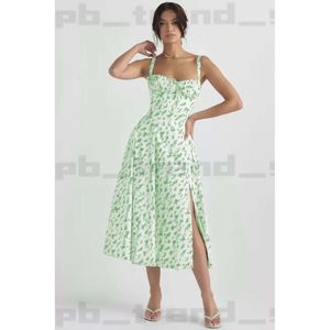 Casual Dresses Corset Dress Split Skirt Bow Tie Chest Frill Details Print Floral Midi Dresses Back Lace Up Robe Clothing Women's Summer Long Dress 482