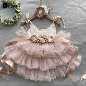 Flickans klänningar Småbarn Baby Girls 1st Birthday Dress for Kids Flowers Belt Headbow For Wedding Outfit Set Children Princess Costume L240315