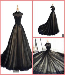 2021 Real Picture Black Champagne Tulle en linje prom klänning Hög halsringning Cap Sleeve Modest Lace Appliques Prom Clows Pärled Muslim 1704079