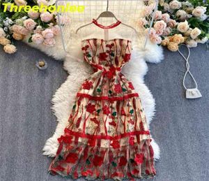 Summer Women Fairy Sukienka Elegancka 3D kwiat czerwony haft haftowy żeńska koronkowa impreza wakacyjna długie sukienki vestidos 2105151491858