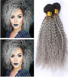 Kinky Curly Brazilian Gray Ombre Human Hair Weave Bundles 3pcs Lot 1Bsilver Grey Dark Root Ombre Virgin Human Hair Weft Extensio9771818