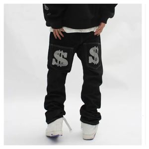 Джинсы с принтом, прямые мешковатые мужские брюки в стиле панк в стиле Харадзюку, уличная одежда большого размера с принтом Y2k, черный Trendyol, хип-хоп, мужской 240305