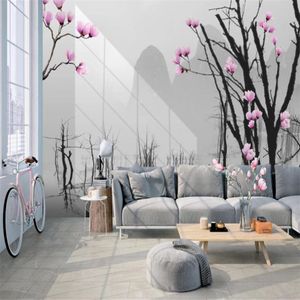 Papel de parede mural 3d moderno, simples, árvore morta, grande árvore, flores rosa, paisagem, sala de estar, quarto, papel de parede hd288y