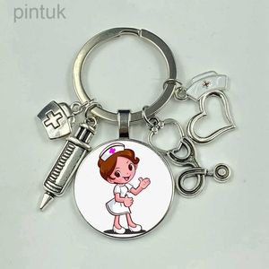 Keychains Lanyards High / New Quality 1 Piece Nurse Medical Syringe Image Keychain Glass Cabochon and Glass Dome Key Ring Pendant Gift ldd240312