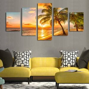 5pcs Set Free Free Coconut Sunset Tuval Moda ve İzlenimci Dokulu Resimler Üzerinde Glow Duvar Sanat Yağlı Boya Ev Resim248c