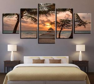 Canvas Art Print Modular Wooden Bridge Painting Poster Wall 5 Panel Sunset Picture For Home Decoration Sea Kids Room Framework Pai8204202