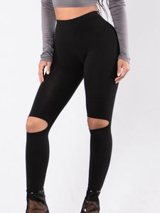 Cintura alta esportes sexy leggings mulheres ginásio buraco rasgado sólido preto calças de yoga correndo treino fitness collants activewear leggins