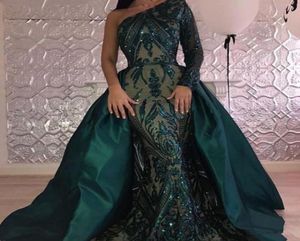 Luxo verde escuro vestidos de noite 2020 um ombro zuhair murad vestidos sereia lantejoulas vestido de baile com trem destacável personalizado m3787225