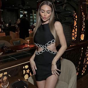 Casual Dresses Ladies For Special Occasions Sleeveless O Neck Cut Out Waist Diamonds Circle Deco Evening Party Bodycon Bandage Dress