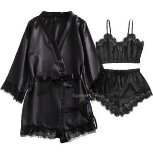 Preto sexy feminino pijamas cetim 4 peça rendas seda suspender topos shorts robe conjunto camisola roupa interior terno 240226