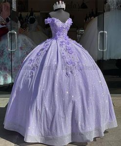 Принцесса Сиреневые платья Quinceanera 2022 с открытыми плечами и аппликациями Кружевные сладкие 15 вечерние блестящие платья на день рождения на заказ8960023