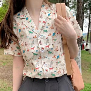 Blusas femininas dos desenhos animados americanos cães de estimação impressão completa botão acima camisa bonito preppy y2k manga curta verão topos hawaii praia kawaii camisetas