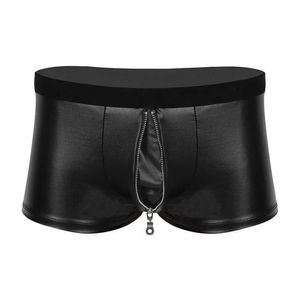 Cuecas calcinha sexy lingerie calcinha dos homens macio brilhante couro boxer shorts roupa interior com virilha zíper entrega de gota vestuário dhj56