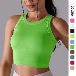 LU- 6638 Seamless Knitted Solid Color Ribbed Yoga Tank Tops with Padded Bra Sports Sleeveless Vest Running Fitness Top for Women