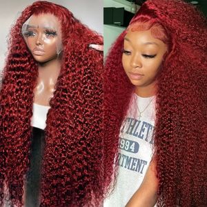 Бесклеевой парик 99J, глубокая волна, фронтальные парики, бордовый вьющийся 13x4, 13x6, кружевной фронтальный парик из натуральных волос, красный цвет, парик для женщин250%