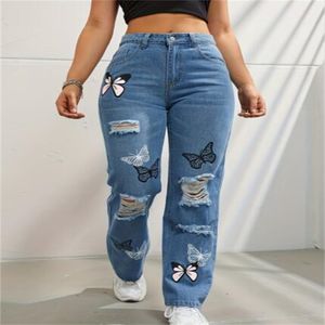 Frauen Jeans Schmetterling druck Jeans Hose Gerade Bein Hosen Klassische Loch Hosen emale Hosen Frühling Herbst