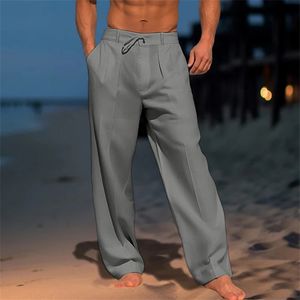 Oldyanup Men Vintage Linen Pants Spring Summer Fashion Casual Solid Color Loose Straight Trousers Holiday Beach pants 240228
