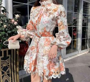 EWQ Spring Sweet Lantern Sleeve Hook Flower Ladies Dress Korean Printed Stand Collar Tie Modern Lady Prom Night Dresses 2106307953800