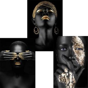 Obrazy 1PC African Black Gold Modern Woman Portret Portret Skandynawski płótno Drukuj obraz olejny plakat Pokon