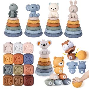 Montessori bebê blocos brinquedo para nascidos 0 12 meses silicone cubos macios bebês menino 1 ano empilhamento banho mordedores chocalhos 240226