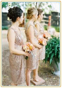 Sparkly Popular Rose Gold Bridesmaid Dresses paljetter Korta rufsar Knäslängd Sexig bröllopskläder Brudtärklänningar Maxi Party Dress8089403