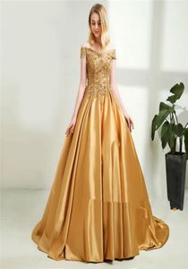 Eleganckie wieczorne sukienki formalne 2018 Nowa złota satynowa suknia balowa sukienki balowe niestandardowe szaty de demoiselle d039honneur Sweep Train RO4721959