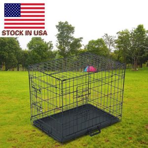 Firm Metal Folding Wire Carrier Cage för husdjur Double Door Cat Dog med avdelare och plastbricka svart PTCG01-242293