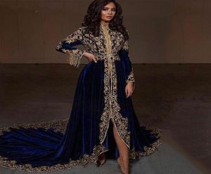 Blue Caftan Karakou Algerien Sukienki wieczorowe długie rękawy Wysokie niskie granatowe aksamitne złoto złoto koronkowe peplum kaftan arabs