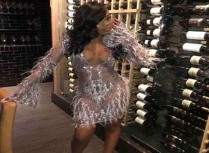 Sexy Silver Sheath Cocktail Party Dresses 2020 With Feathers Sheer Logn Sleeves Plus Size Evening Special Occasion Wears Prom Club2309716