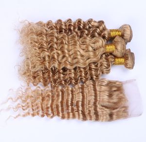 27 Honey Hair Bionde Closure in pizzo ricci profonde 44 brasiliani Deep Wave Human Hair Lace Closure Bleached Knots with Baby Hair2411865