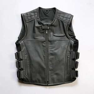 Men's Vests Motorcycle Models Casual Leather Vest Club Riding Natural Cowhide Undershirt Round Neck Adjustable Waist Breathable