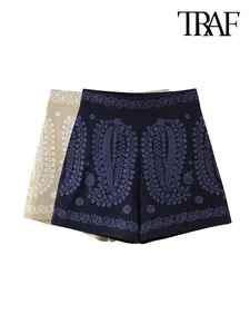 Women's Shorts TRAF Women Fashion Paisley Embroidery Linen Vintage High Waist Side Zipper Female Short Pants Mujer