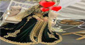 Trendy Dark Green Velvet Moroccan Kaftan Formal Evening Dresses Vneck Long Sleeves Reception Gowns Gold Lace Appliques Beaded Dub8272930